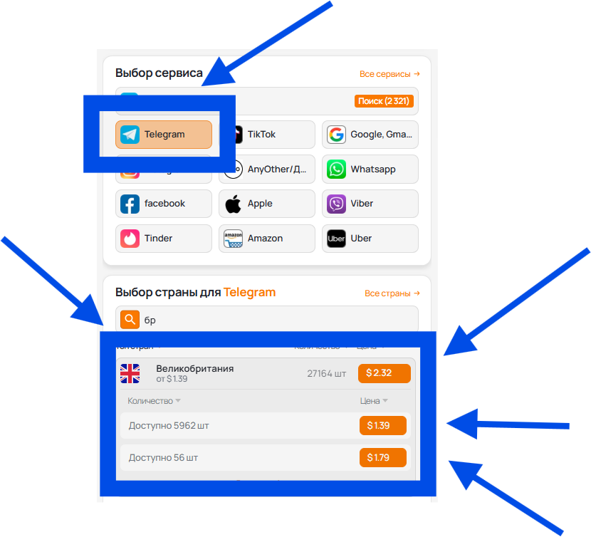 Выбор страны и сервиса