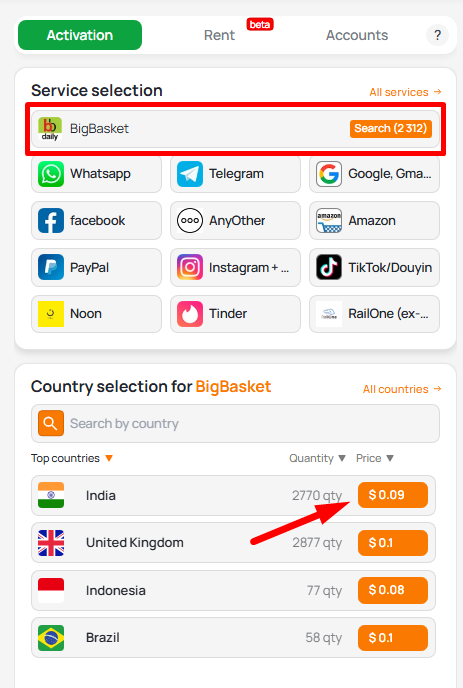 Get a virtual number for bigbasket 