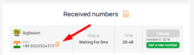 Temp Number for BigBasket